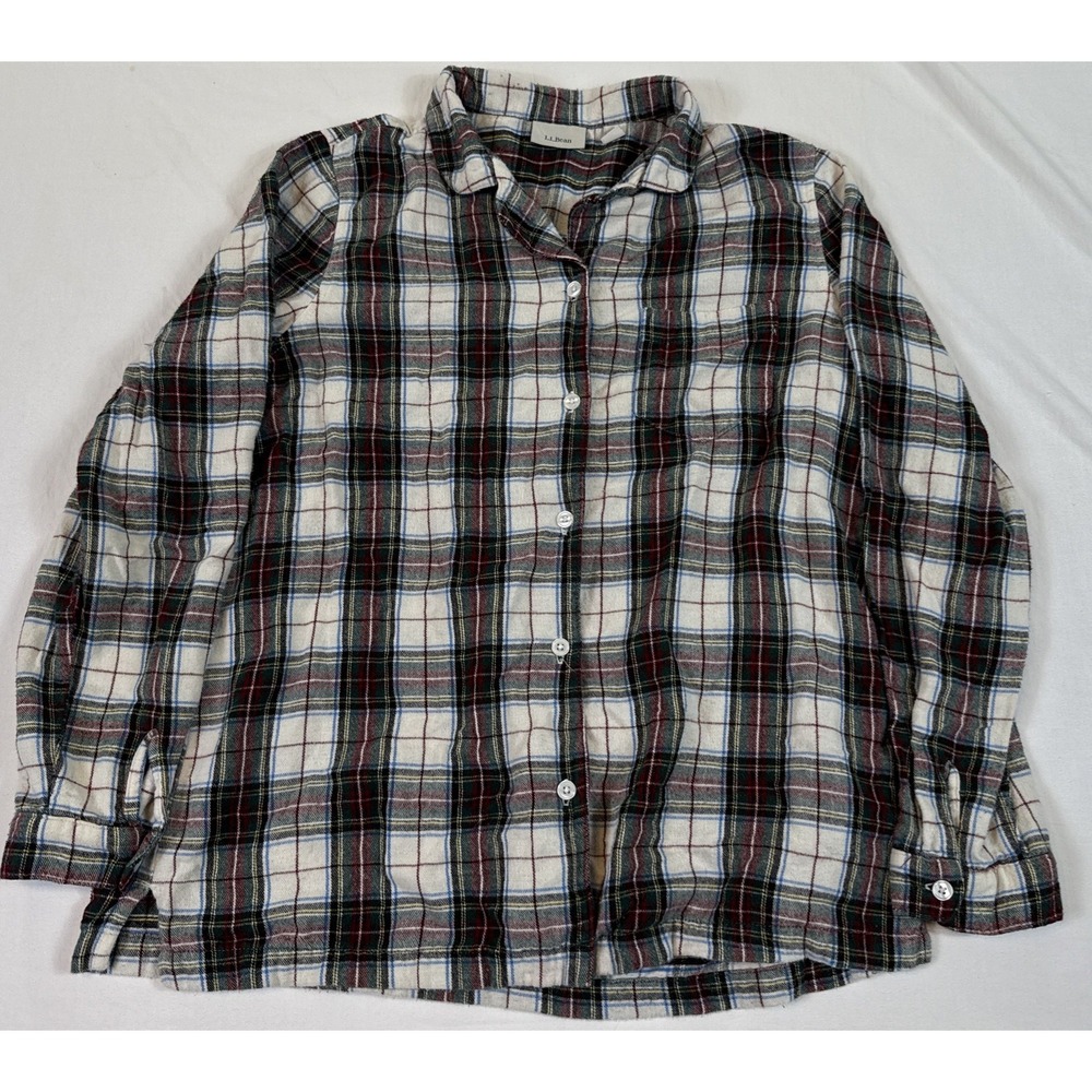 LL Bean Womens Medium M Flannel Pajama Top Plaid Cotton Long Sleeve Button